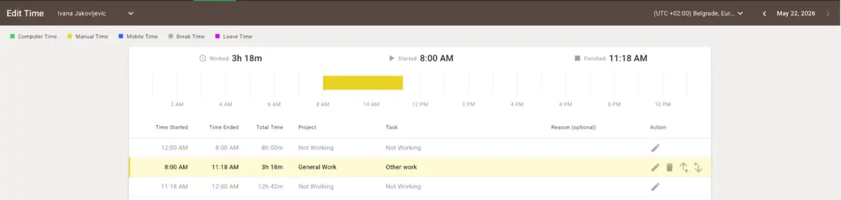 Time Doctor’s edit time option
