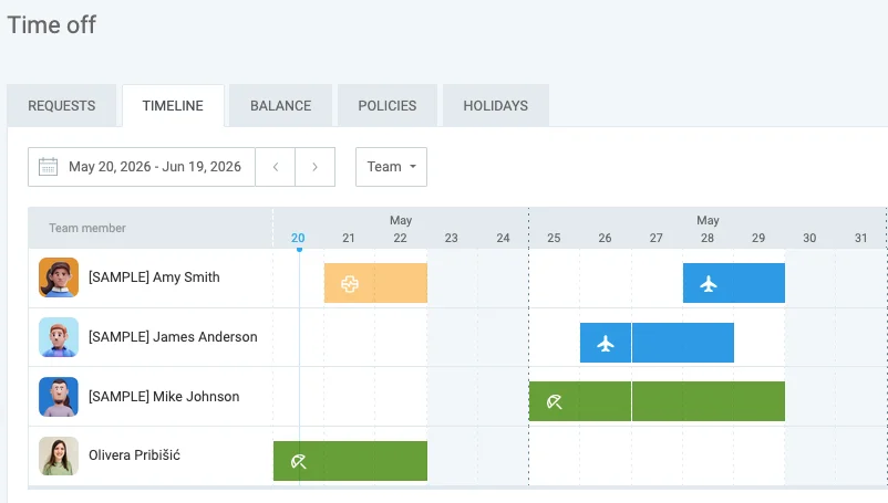 Time off timeline in Clockify