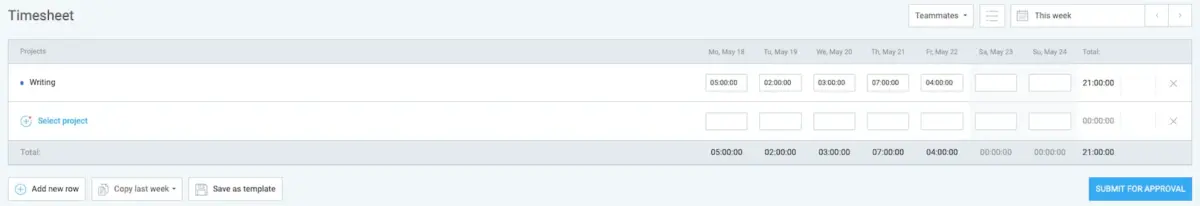 Timesheet in Clockify