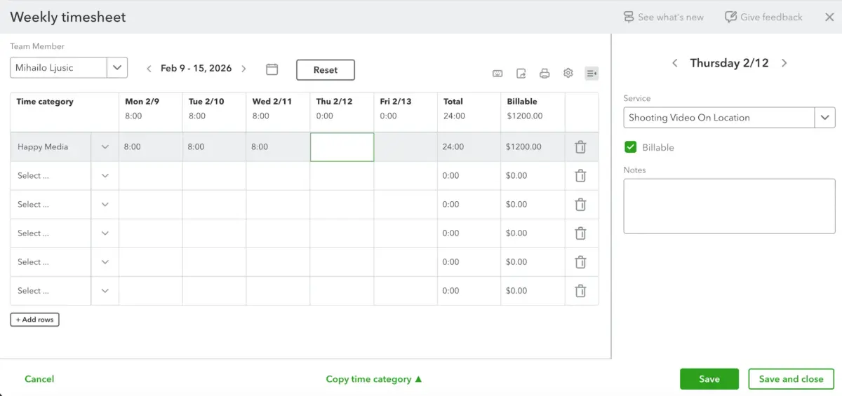 Timesheet in QuickBooks Online