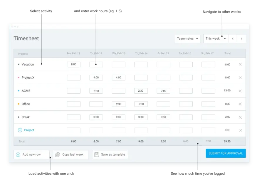 Timesheets in Clockify