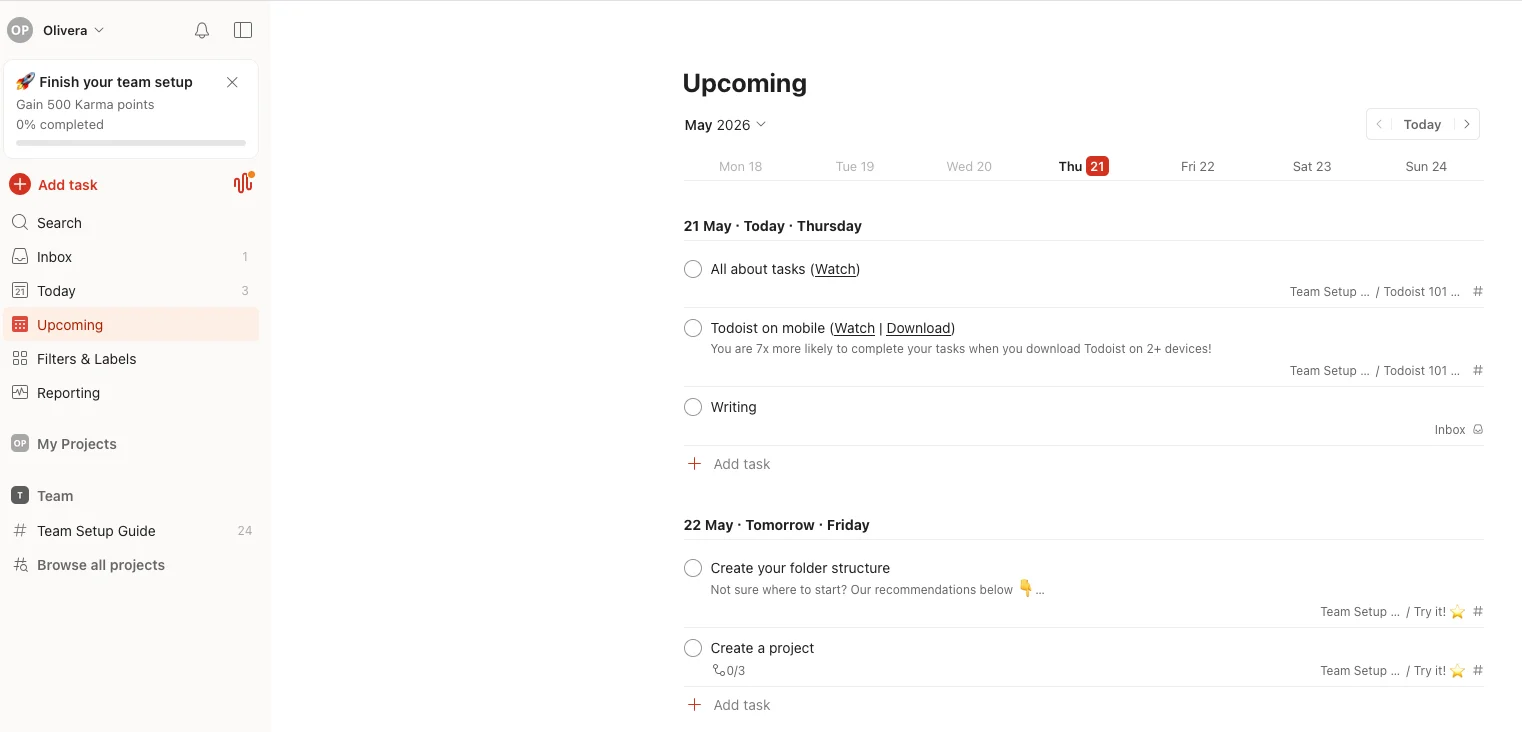 Upcoming tasks in Todoist