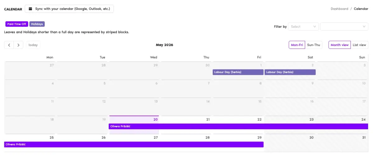 Vacation Tracker calendar
