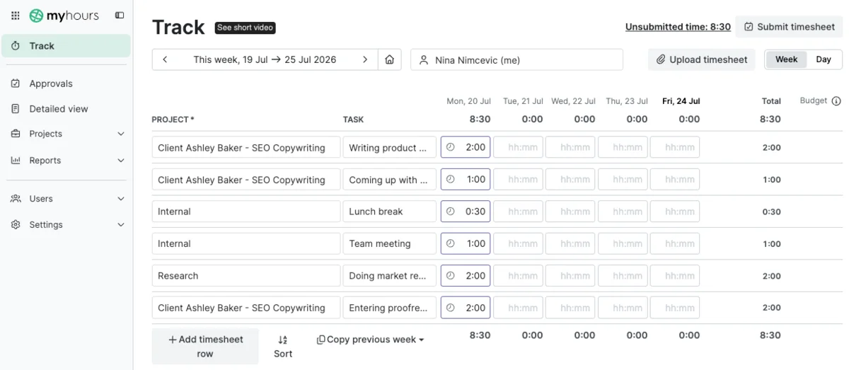 My Hours homepage