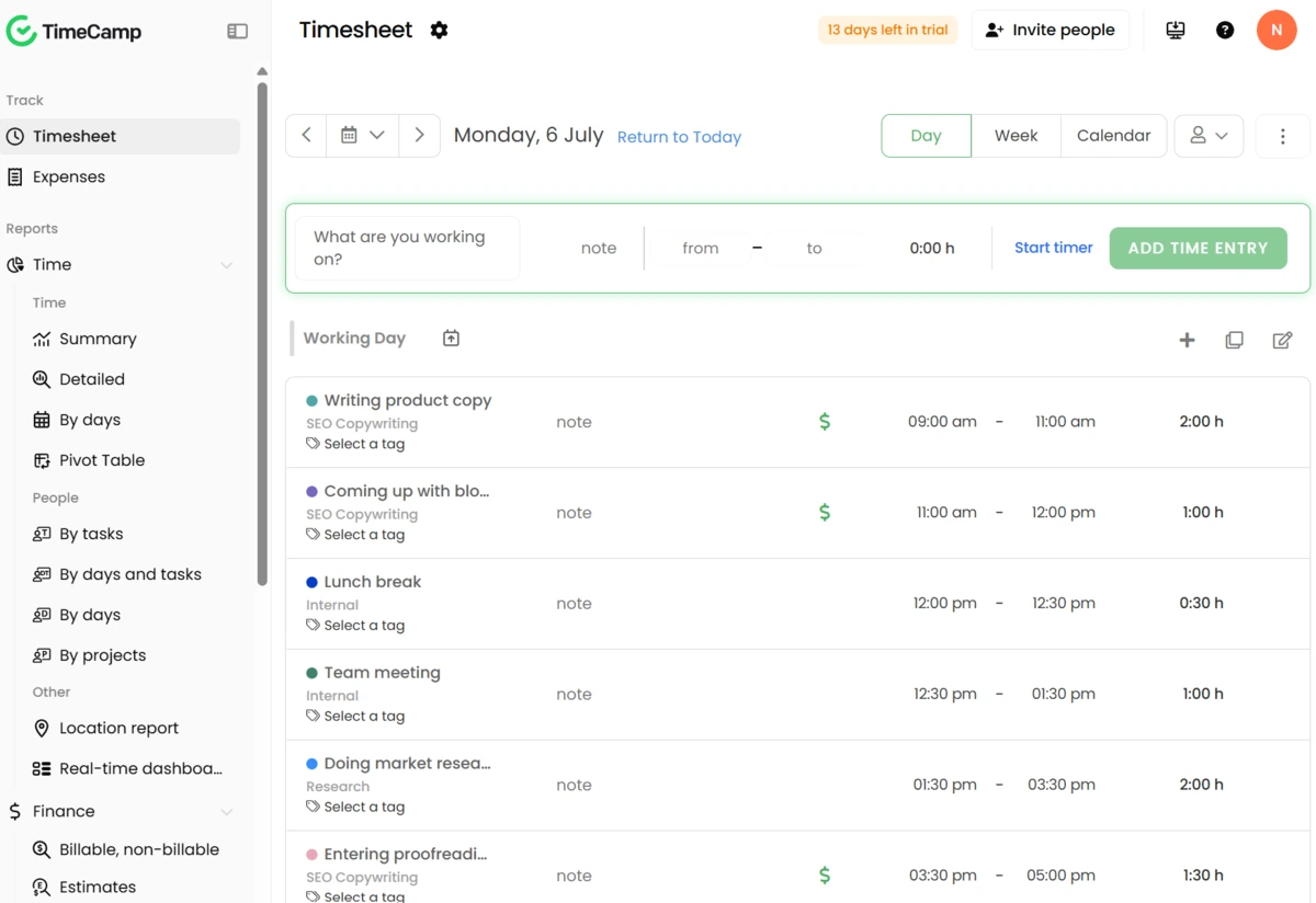TimeCamp homepage