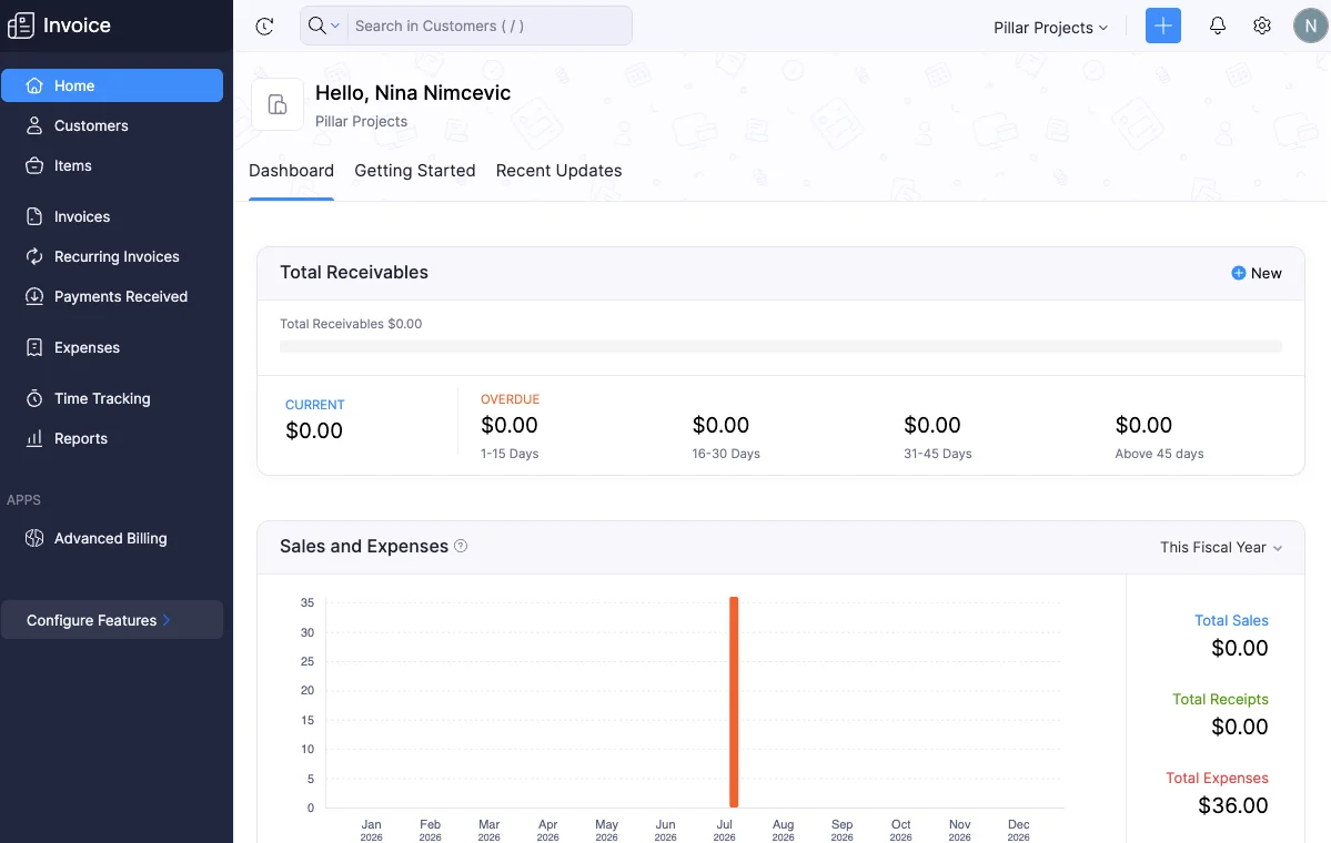 Zoho Invoice Homepage
