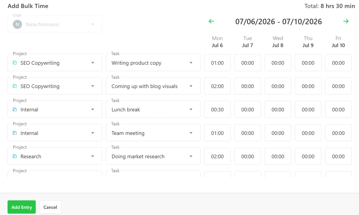 Bulk-adding time in Paymo