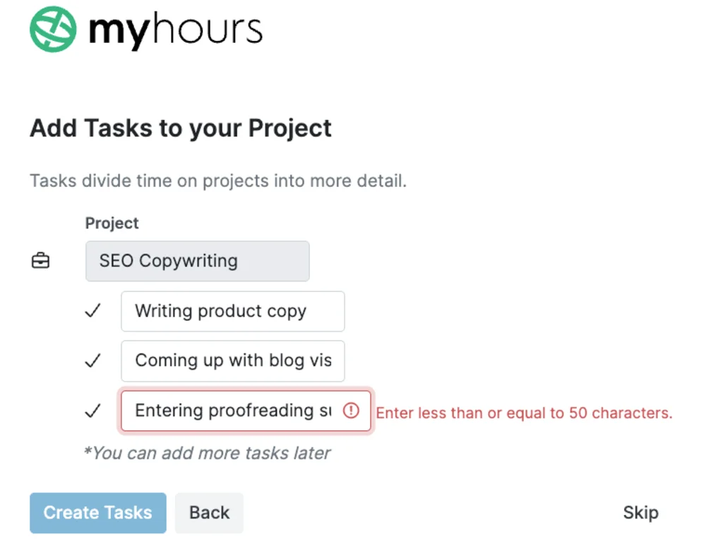 Character limit for tasks in My Hours