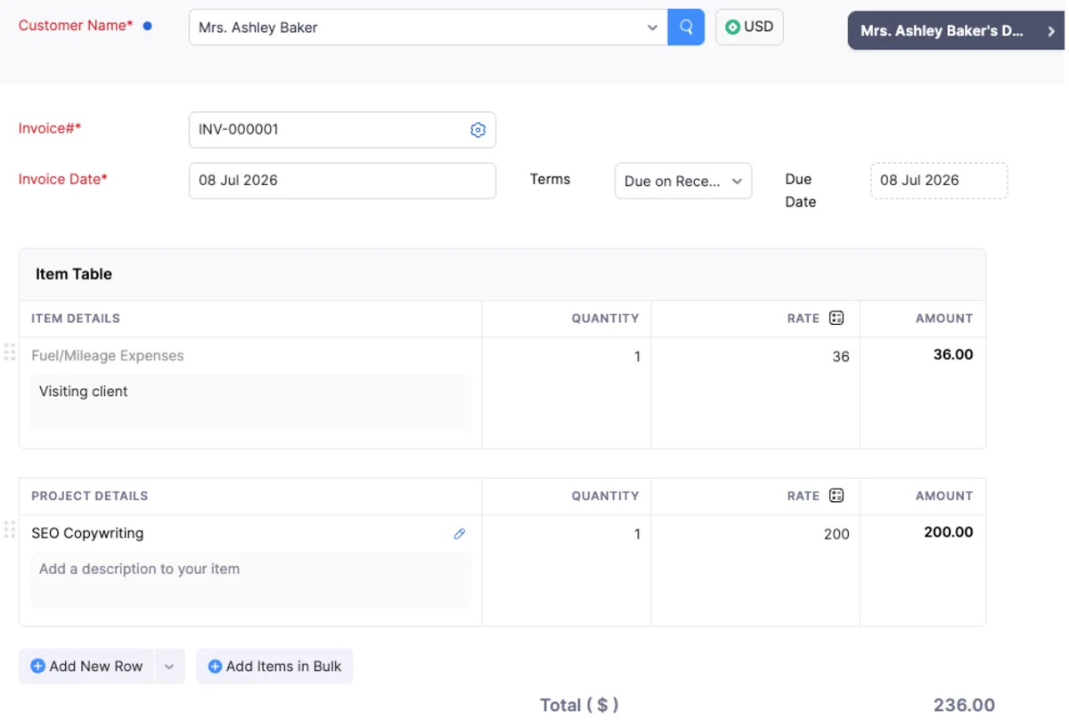 Creating invoices in Zoho Invoice