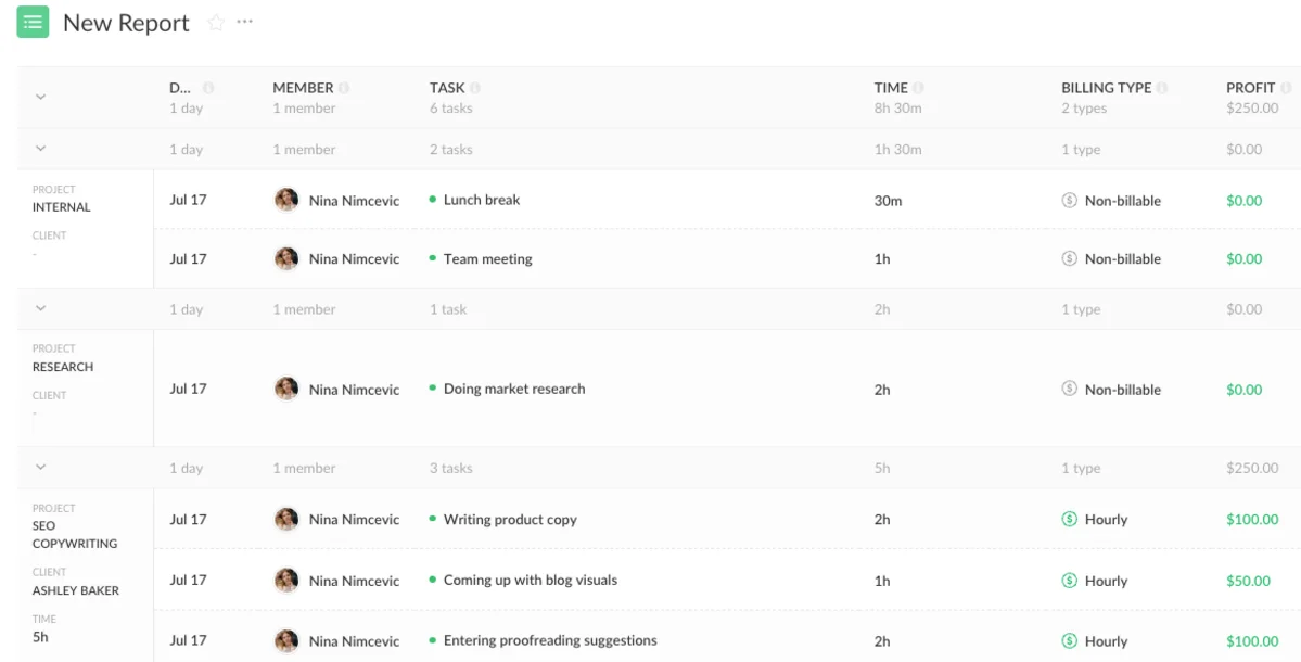 Custom report in Everhour