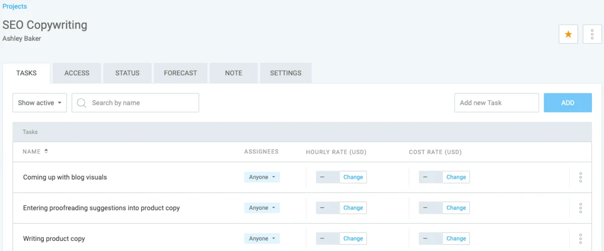 Project tasks in Clockify