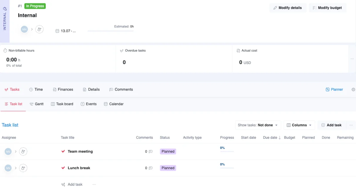 Project tasks in Scoro