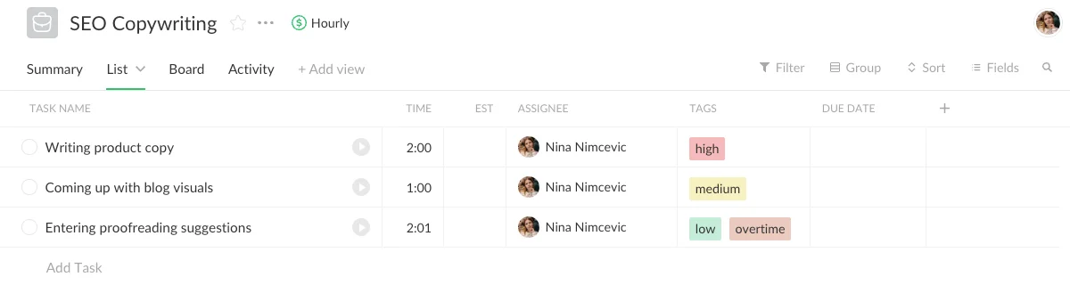 Projects and tasks in Everhour