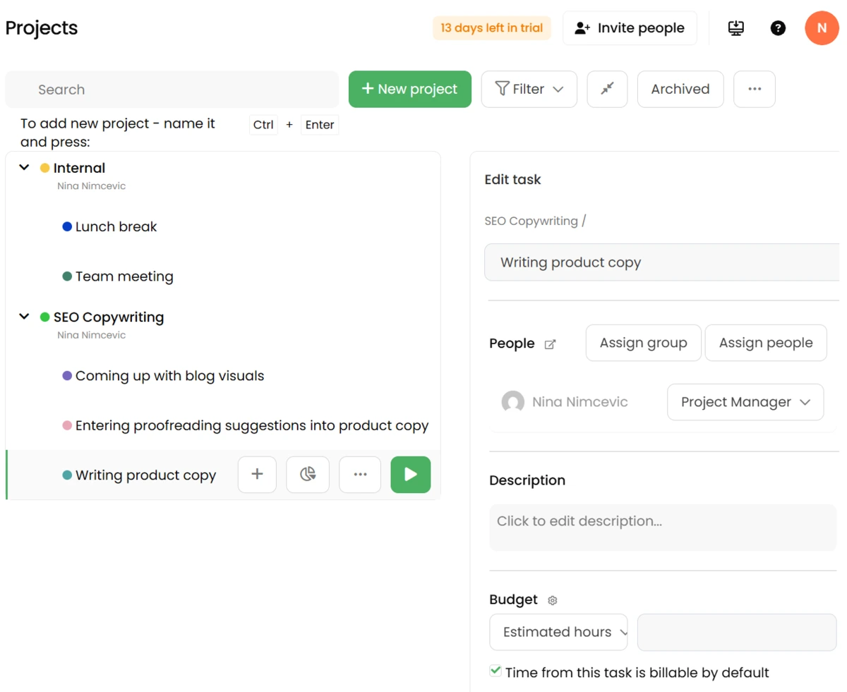 Projects and tasks in TimeCamp