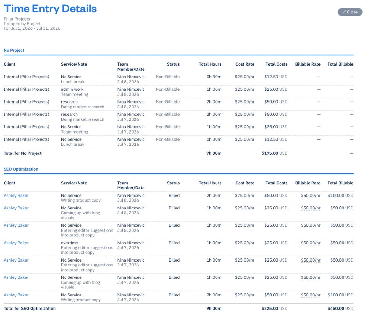 Time Entry Details report in FreshBooks