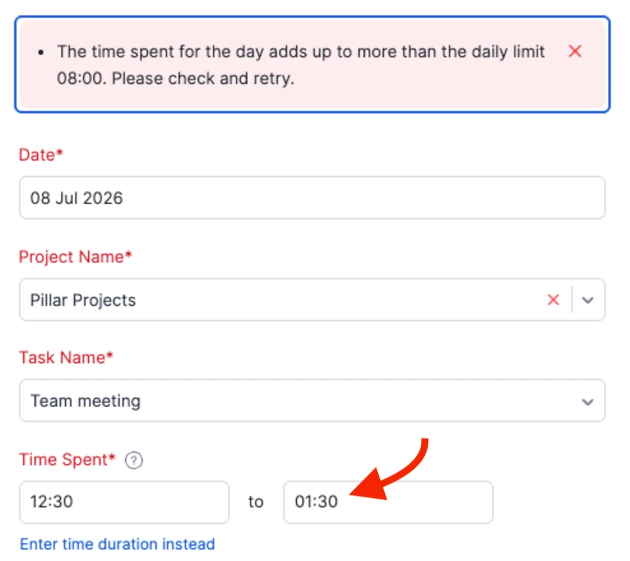 Time entry error in Zoho Invoice