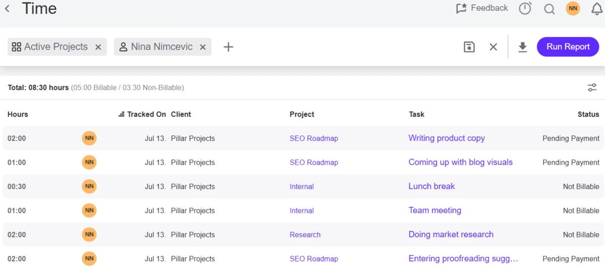 Time report in ActiveCollab
