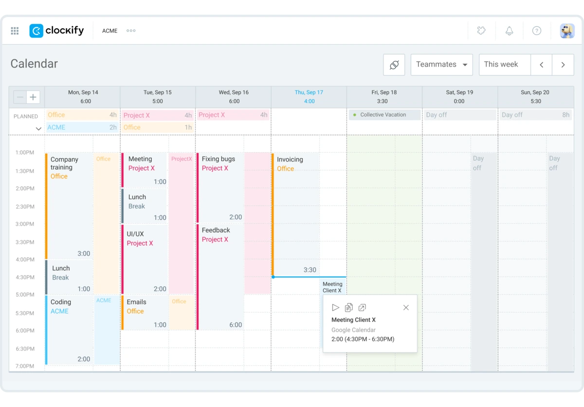 An overview of weekly tasks in Clockify Calendar
