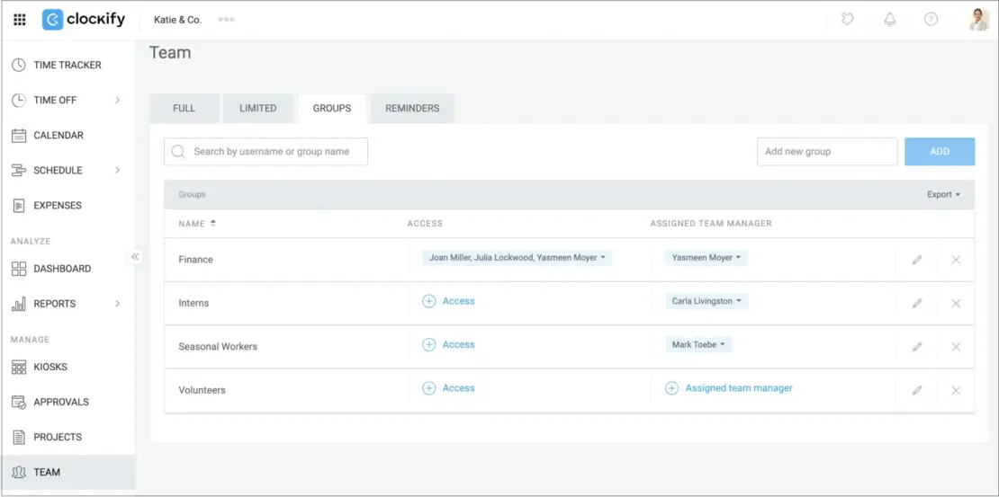 Assigning people to user groups in Clockify