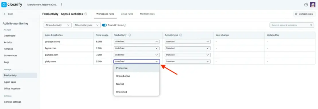 Classifying apps and websites on a workspace level