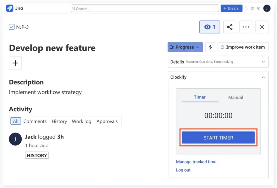 Click “Start timer” to start tracking time on Jira tasks with Clockify