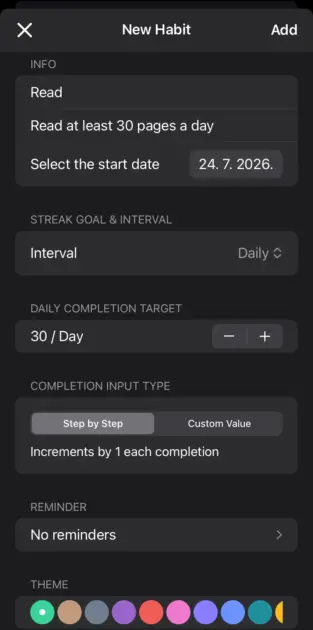 Creating a new habit in Streaks
