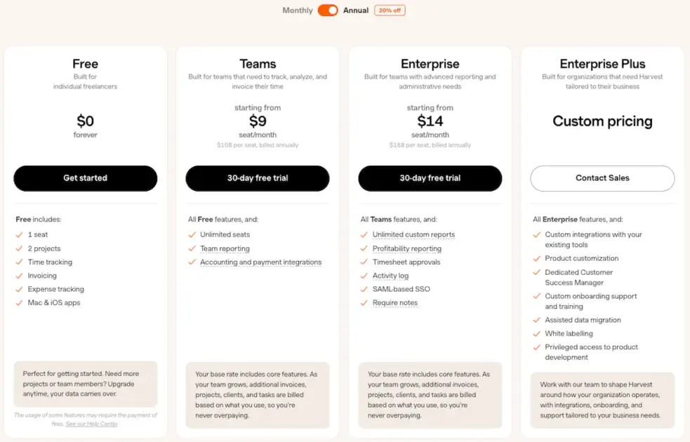 Harvest pricing per user available on Harvest website