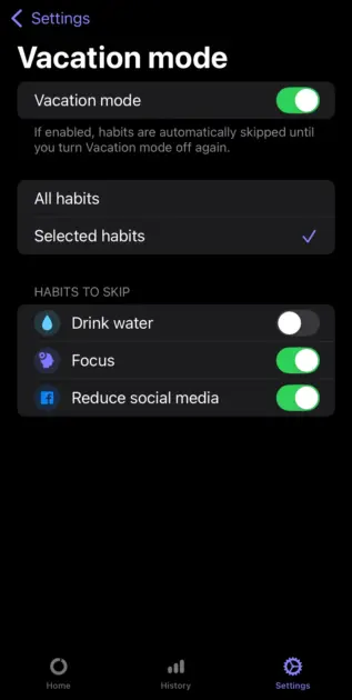 Vacation mode in Awesome Habits