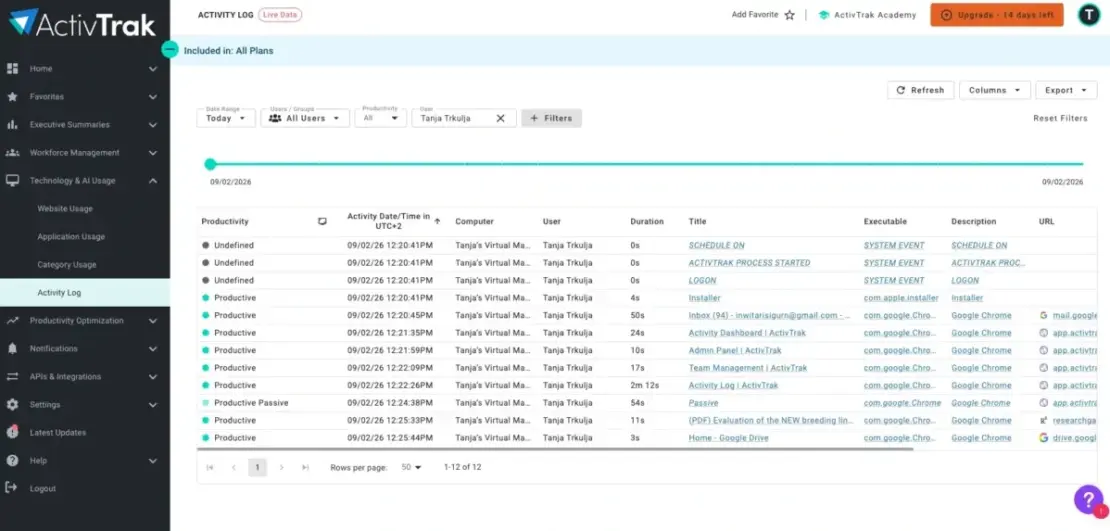 Activity log in ActivTrak