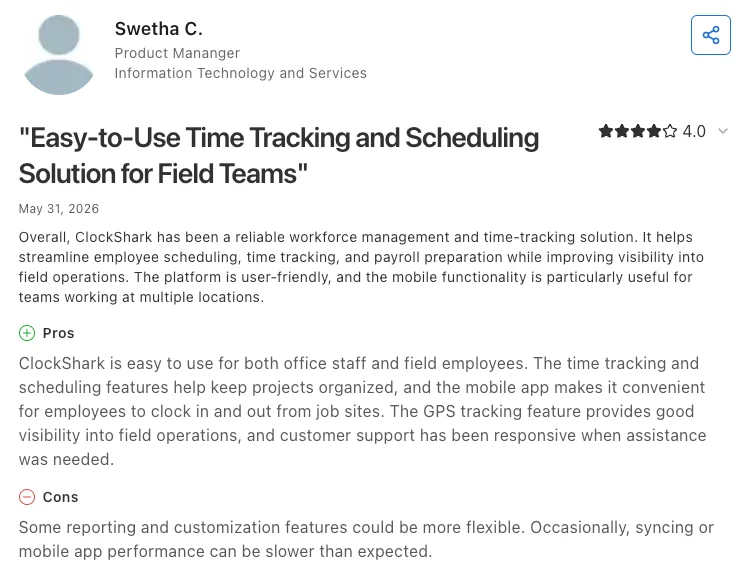 ClockShark user review on Capterra