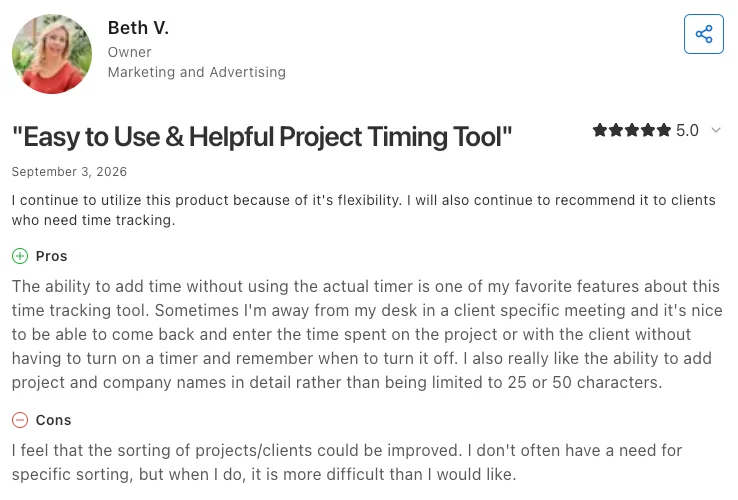 Clockify user review on Capterra