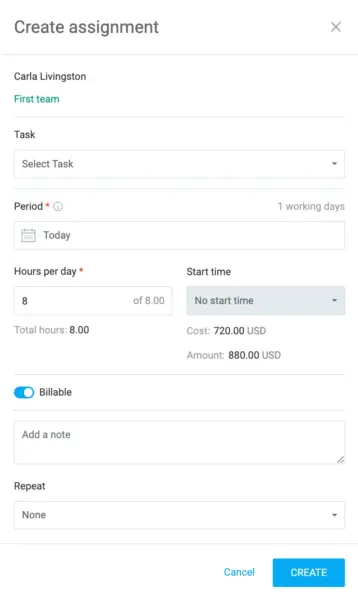 Creating an assignment in Clockify