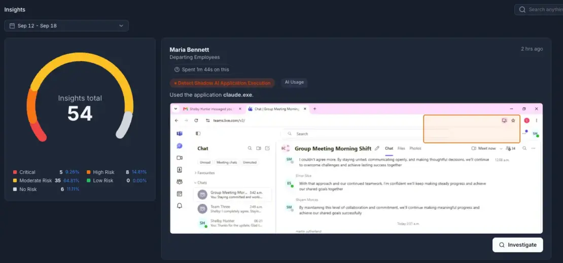 Employee risk insights in Teramind