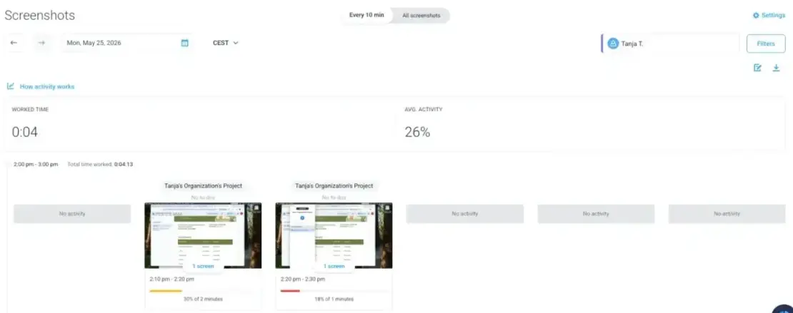Screenshots in Hubstaff