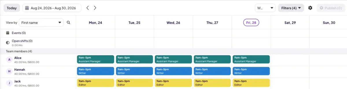 Team schedule by role