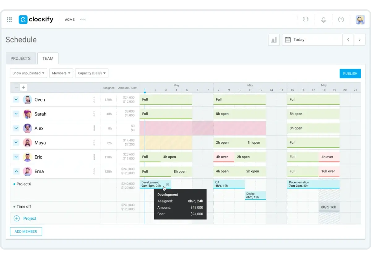 Team schedule in Clockify