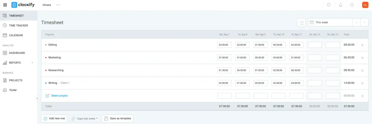 Timesheet in Clockify