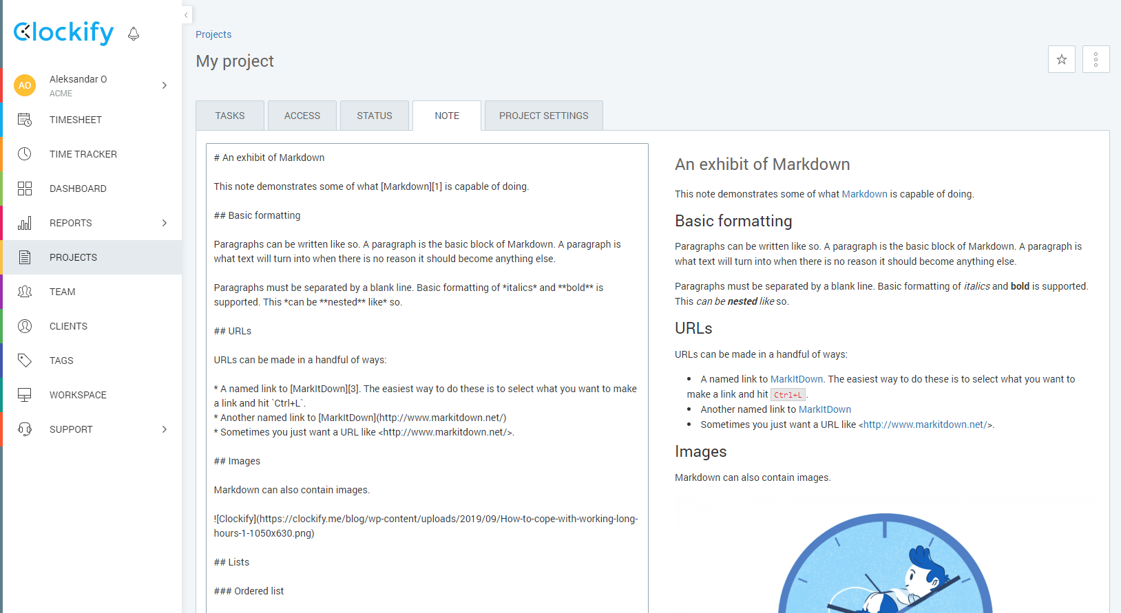 Formatting project note – Clockify Help