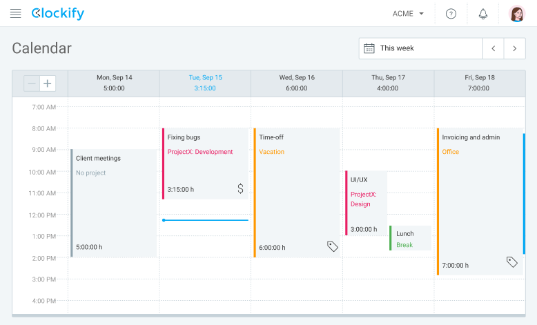 Função de calendário no Clockify