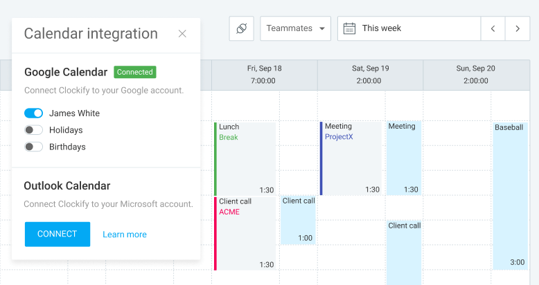 Função de calendário no Clockify