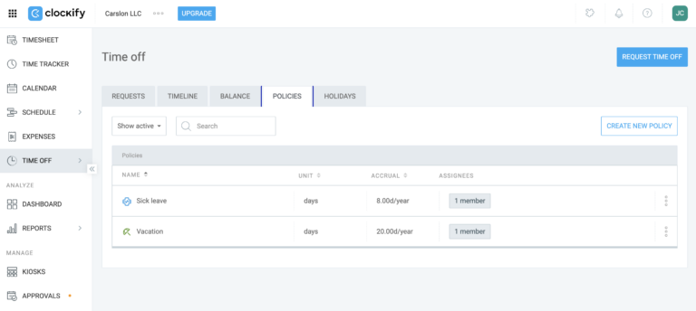 Create & manage time off policy - Clockify Help