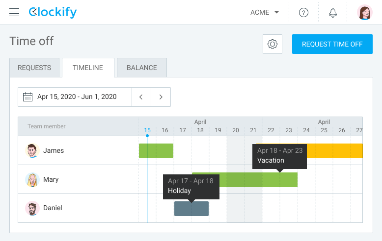 Função de calendário no Clockify