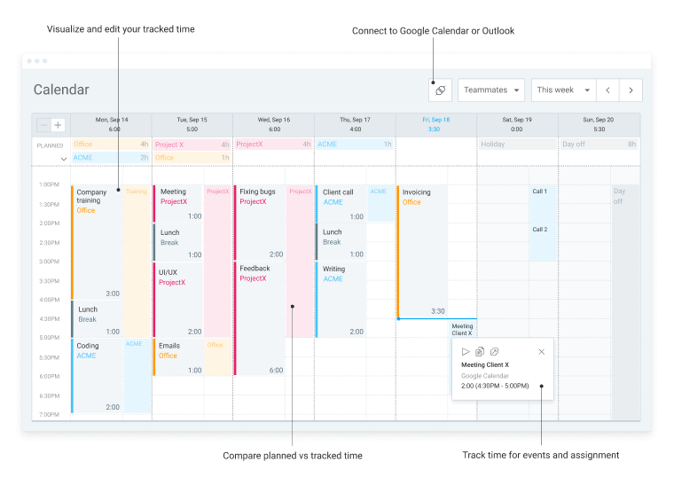 Função de calendário no Clockify