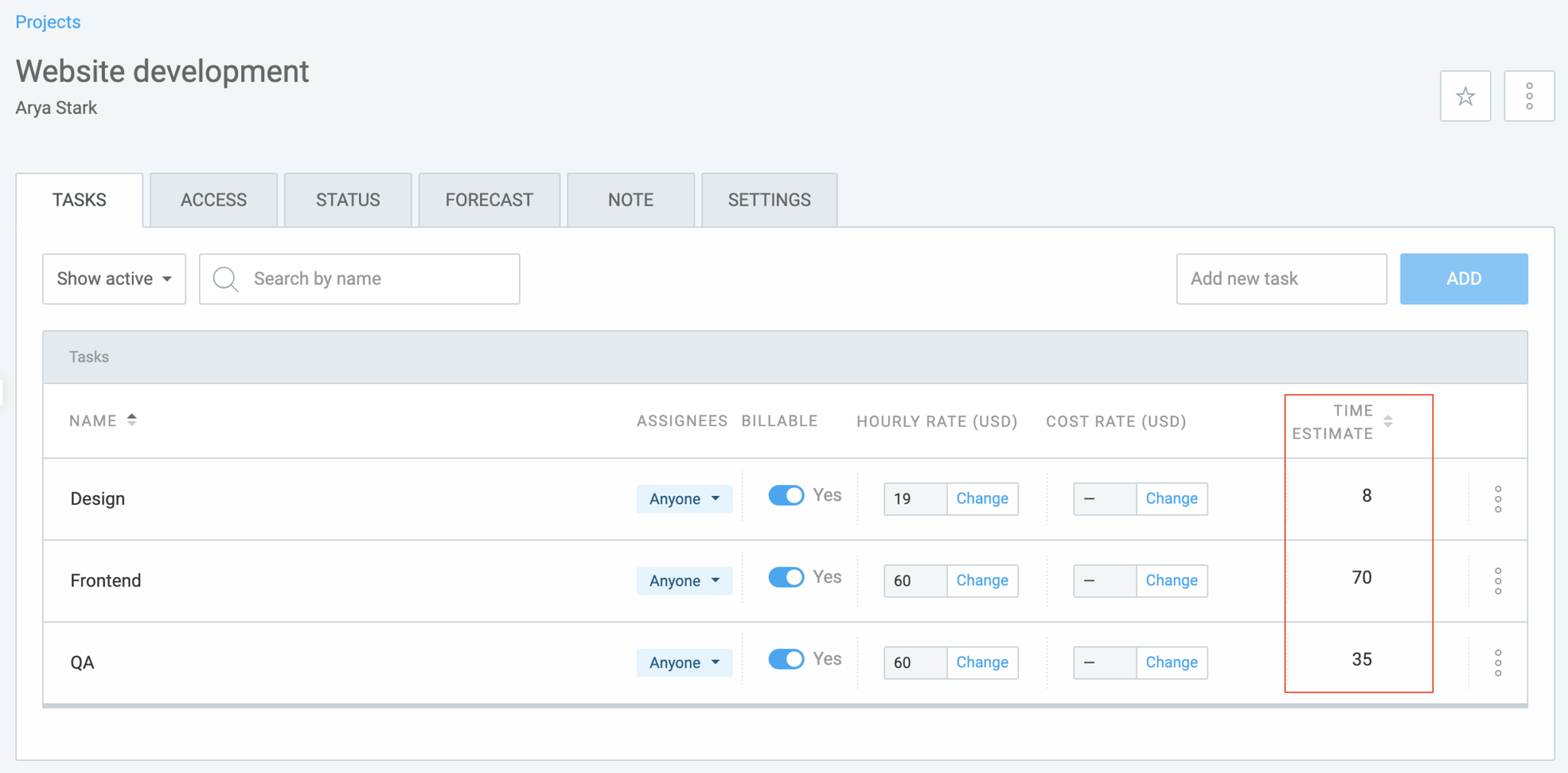 Setting time estimates for tasks in Clockify