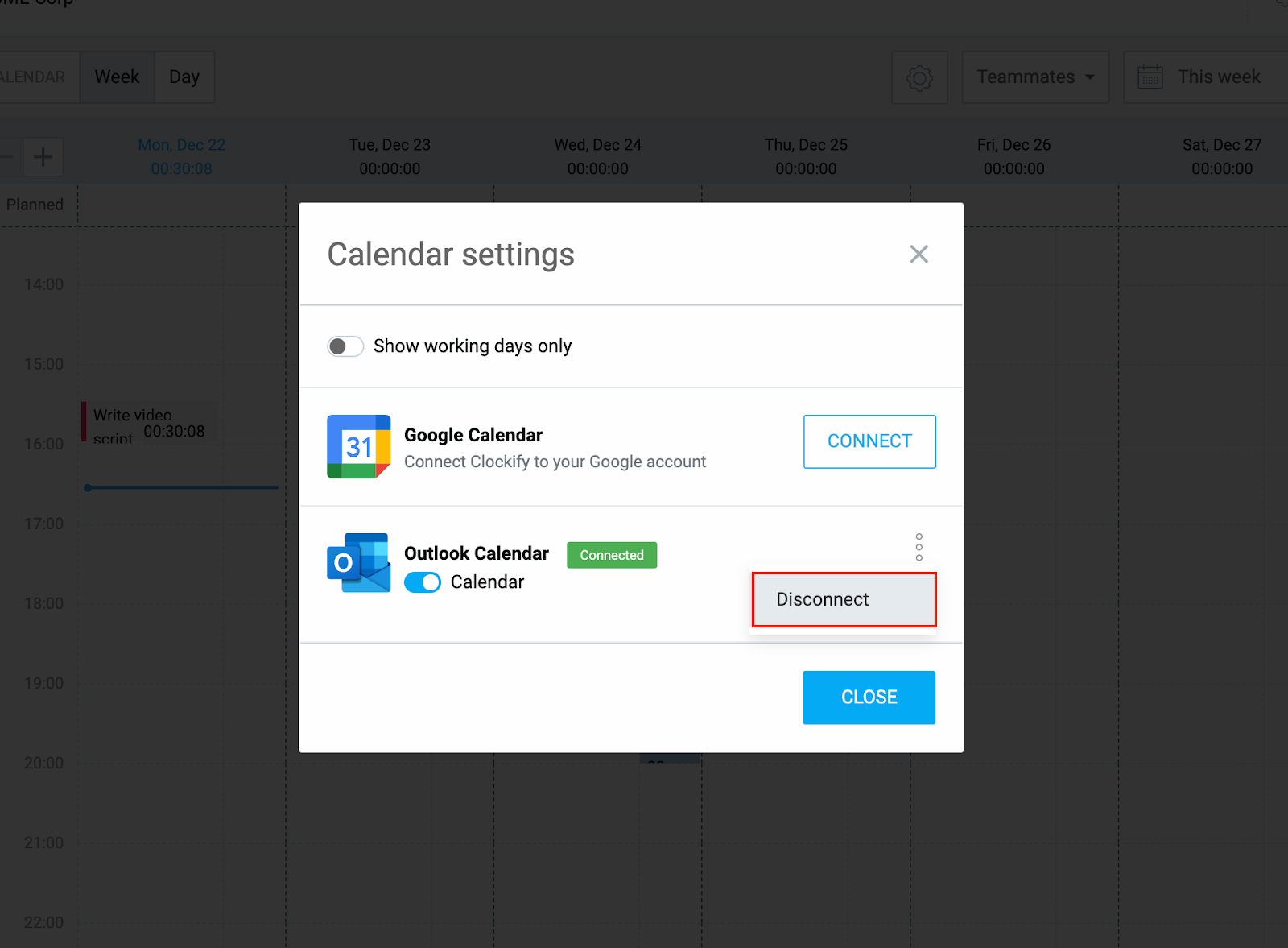 Integrating Google/Outlook with Clockify for efficient time tracking.