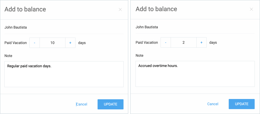 Adding time off balance to a user.