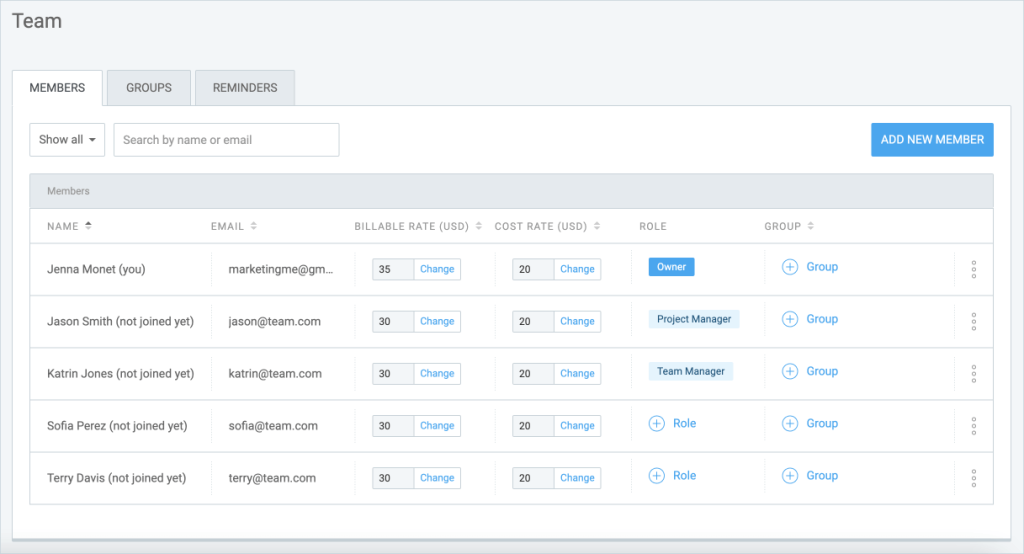 Listed team members with their email addresses, roles, and billable and cost rates.