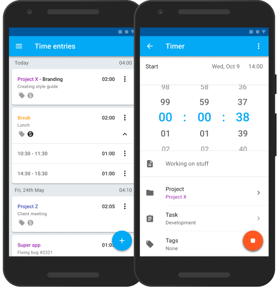 Mobile time tracking (Android, iOS).