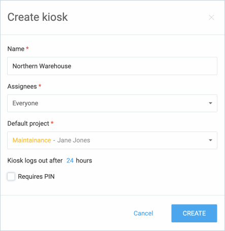 Creation of a new kiosk, with assignees and a default project.