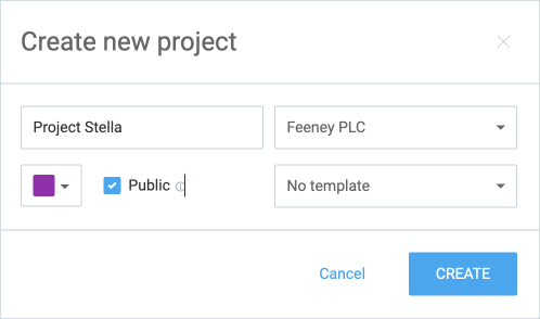 Creating a new project, setting up its client, color, and its status as public.